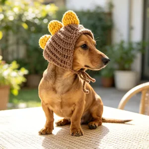 Close-up view of the cute brown crochet dinosaur pet hat with yellow spikes, detailed knit texture.