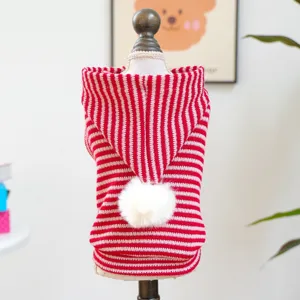 Red and white striped pet hoodie with furry pom pom for small dogs cozy knitwear