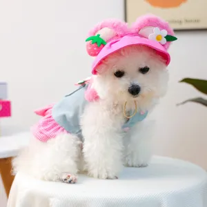 Cute pet clothing set with pink plush ear hat and blue denim dress for small dogs cats.