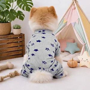 Cute grey pet dog onesie with blue stars pattern, comfortable home wear for small puppies.