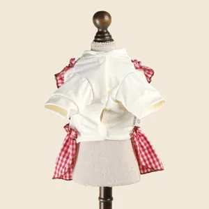 Detailed view of red and white gingham pet dress back buttons and ruffles feature.