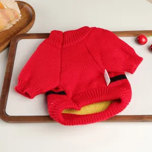 Red and black knit pet sweater detail view, cozy winter apparel for small dogs and puppies.