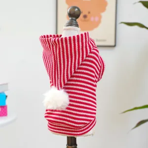 Red and white striped pet hoodie with cute fluffy pom pom, cozy knit sweater for small puppies.