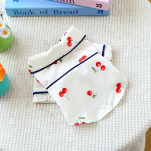 Cute cherry print silk-like pet pajamas for dogs and cats, soft and comfortable sleepwear.