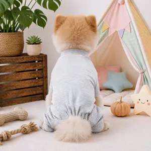 Cute striped pet onesie for small dogs and puppies, soft breathable spring autumn home pyjamas comfortable wear.