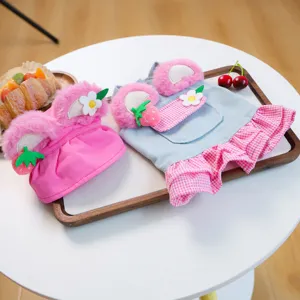 Cute pink pet dog cat clothes denim dress hat set with plush ears and strawberry decor for small pets