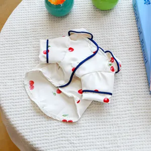 Cute cherry print pet pajamas for dogs and cats, silk-like soft spring summer sleepwear apparel.