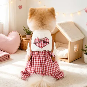 Pet Dog Cat Valentine Red White Plaid Outfit Cute Heart Embroidery D-Ring Puppy Dress Pants Apparel Pet Clothes
