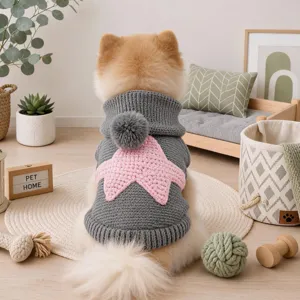 Cute gray pet dog knitted sweater with pink star and hood, warm autumn apparel for small pups.