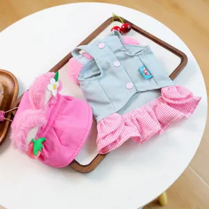 Cute pet denim dress and pink hat set, sweet plaid skirt style for small dogs and cats.