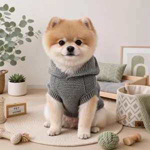 Grey Nordic style hooded knitted sweater for small dogs, cute puppy pet clothing winter warm.
