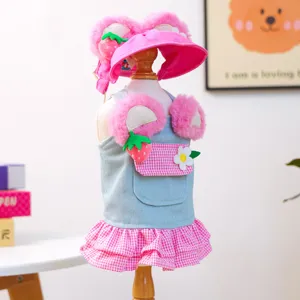 Pink denim pet dress and matching hat set for small dogs and cats, cute puppy apparel.