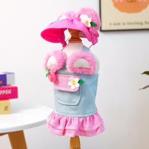 Pet denim dress and hat set, cute pink plush and floral design for small dogs and cats.