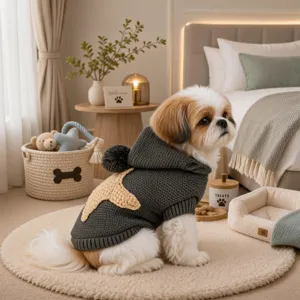Cute grey pet dog hooded sweater with cute star design, soft knit winter clothes for small puppies.