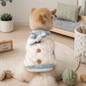 Cute pet knitted sweater for small dogs, hollow-out design with cute bow and wooden buttons.