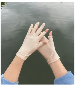 Close-up detail of women's ice silk sun protection gloves with exposed fingers, beige, breathable.