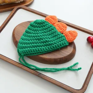 Gros plan sur le joli chapeau de compagnie en crochet vert avec des pointes de dinosaure.
