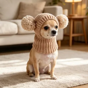 Primer plano detallado del acogedor gorro de punto beige para mascotas con divertidos pompones.