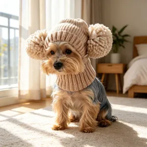 Detalle de gorro de punto acogedor para mascotas, perro con sombrero cálido y pompones de invierno.