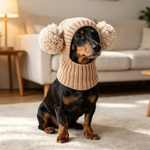 Primer plano del detalle del cómodo gorro de punto para mascotas con pompones para perros.