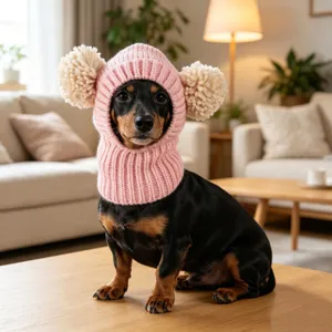 Lindo gorro de punto rosa para mascotas con pompones, detalle de ropa de invierno cálida.