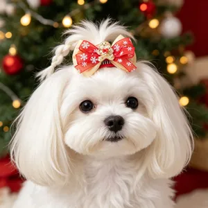 Süße Weihnachts-Hundehaarklammer mit roter Schleife und Lebkuchen-Detail für kleine Welpen