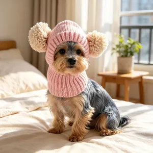 Gorro de punto rosa para mascotas con pompones para perros pequeños, cálido sombrero de invierno.