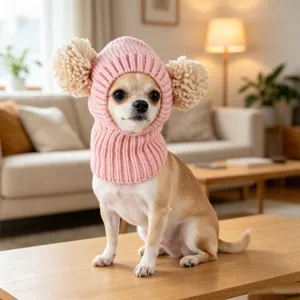 Lindo gorro rosa para mascotas con pompones, cálida protección de punto para perros y gatos.