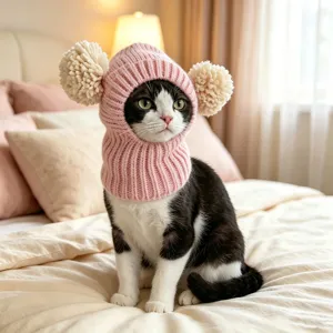 Lindo gorro de punto rosa para mascotas con pompones, pasamontañas de invierno para gatos y cuello.