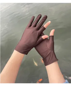 Detailed view of women's half finger sun protection gloves, ice silk fabric, brown color.