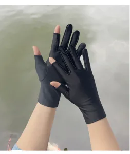Details of women's sun protection half finger gloves, ice silk stretchy driving gloves, black.