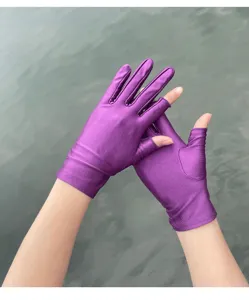 Closeup of purple ice silk sun protection two finger open gloves detail view showing fabric texture