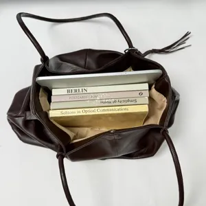 Dark brown ruched leather tote bag, large capacity casual shoulder bag with tassel.