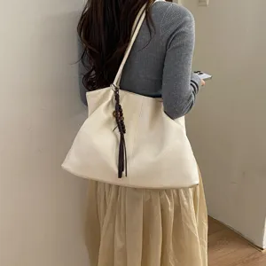 Korean style minimalist soft leather tote bag, large capacity casual shoulder bag for women.