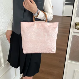 Rosa Jacquard Tasche mit natürlichem Bambusgriff, elegante Handtasche im neuen chinesischen Stil.