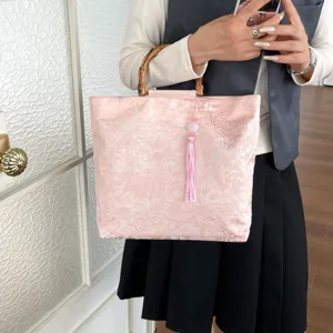 Rosa chinesischer Stil Bambusgriff Handtasche elegante Damen Tragetasche Retro Quaste