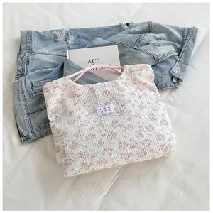 Floral pleated tote bag for women casual shoulder bag with pink handles large capacity