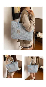 Chique herfst tweed shopper tas voor dames, grote forens schoudertas met metalen M hanger.