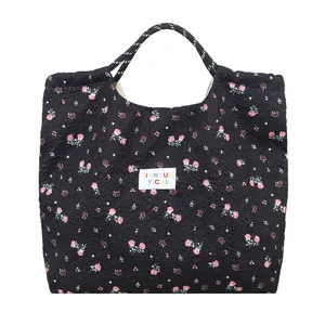 Autumn new black floral canvas tote bag large capacity drawstring casual shoulder bag for women