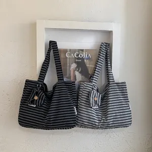 Vintage striped canvas tote bag with large capacity for daily casual shopping and school use