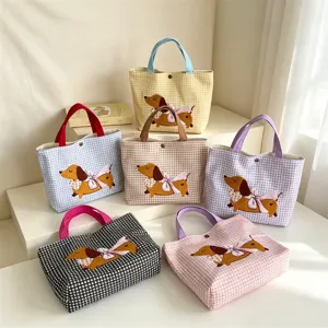 Leinwand Dackel Handtasche mit süßer Hundebestickung, karierte Tasche für Einkauf und Arbeit.