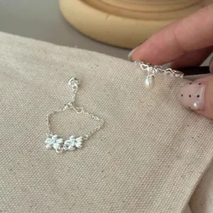 Bague cœur creux perle argent sterling 925 style doux floral anneau ajustable.