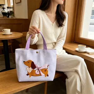 Lila karierte Canvas Tragetasche mit Dackel Stickerei, lässige Damen Schultertasche.