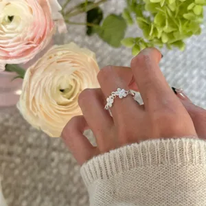 Bague chaîne florale minimaliste en argent sterling, bijoux pour femmes style ins doux.