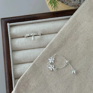 Bague pendentif perle argent sterling S925 et bague fleur réglable pour femmes charmantes.