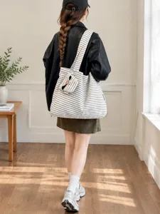 Retro striped canvas tote bag large capacity shoulder bag casual student handbag daily use