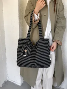 Retro striped canvas tote bag, large capacity casual shoulder bag for students and daily commute.