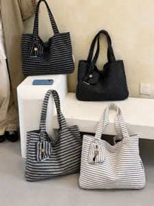 Retro striped canvas shoulder bag large capacity tote bag aesthetic student daily