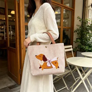 Stofftasche mit niedlichem Dackel-Stickmuster, geräumige und modische Freizeittasche für Damen.