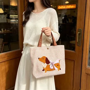 Niedliche bestickte Dackel Canvas Tasche für Damen, große Freizeittasche für den täglichen Weg zur Arbeit.